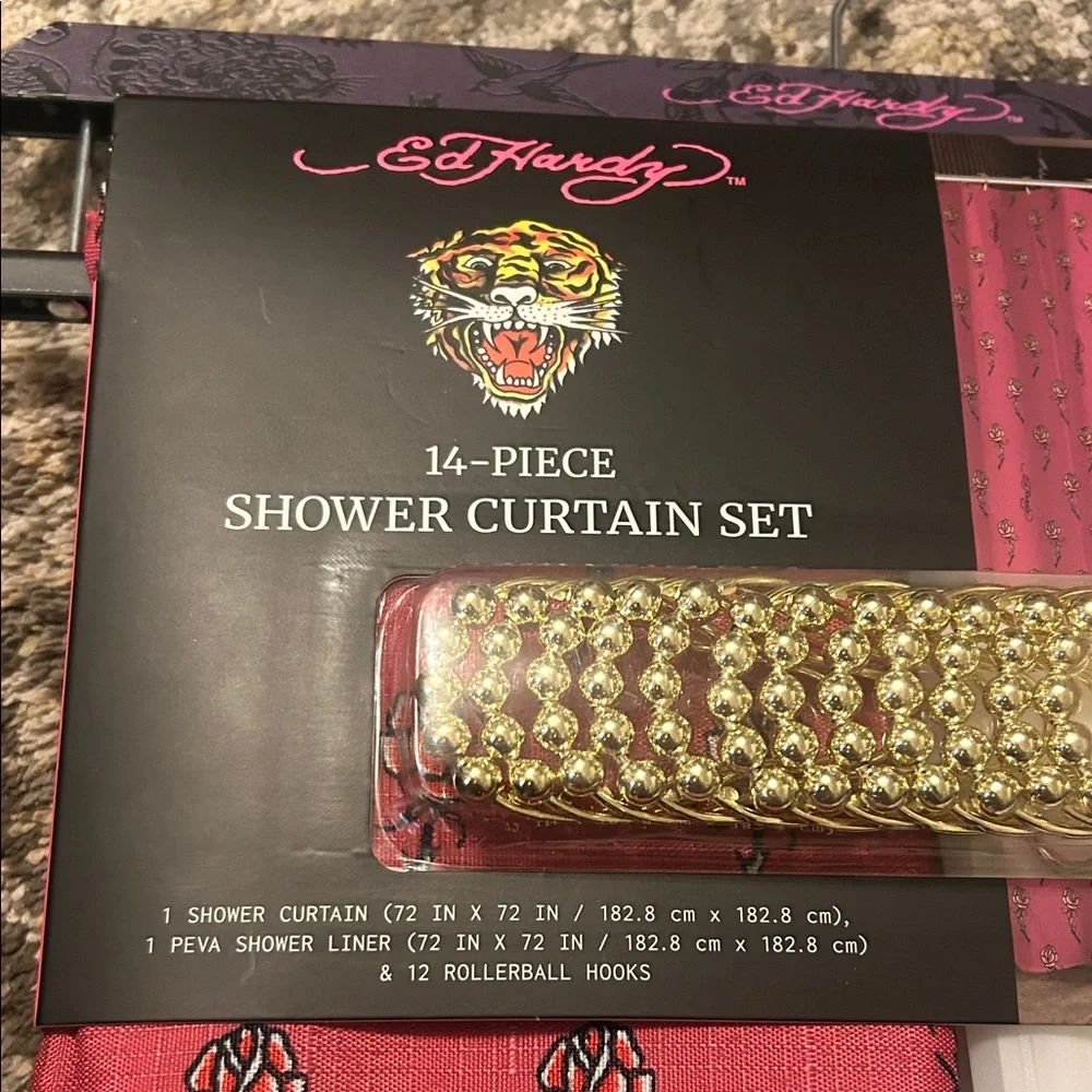 Ed Hardy Pink Rose Shower Curtain Set with Gold Hooks